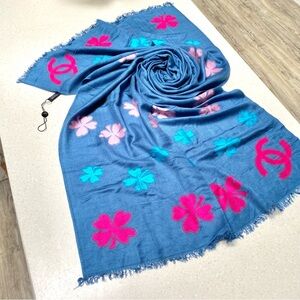 100% SILK Chanel Blue and Pink Floral large Scarf w luxury vibe